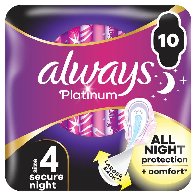 Always Platinum Secure Night (Size 4) Sanitary Towels With Wings 10 Pads