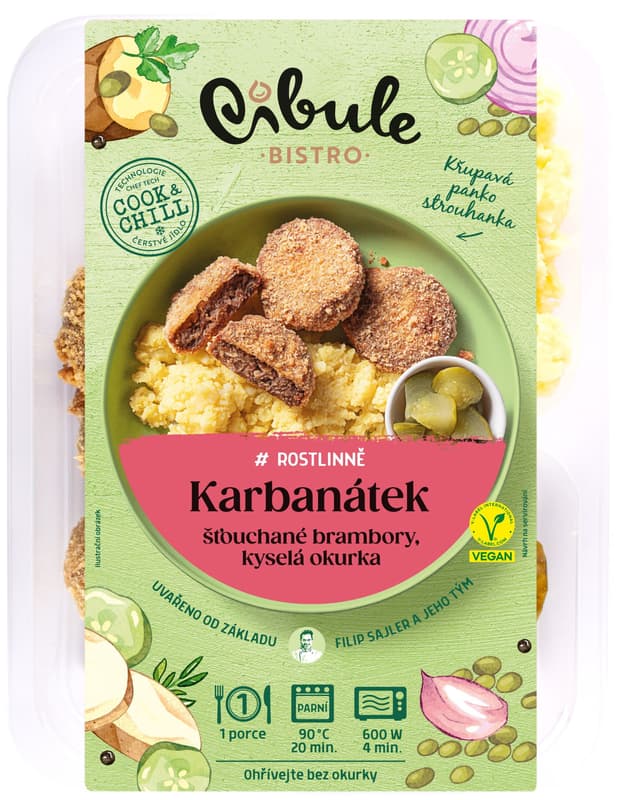 Cibule Bistro #rostlinně Karbanátek, šťouchané brambory, kyselá okurka
