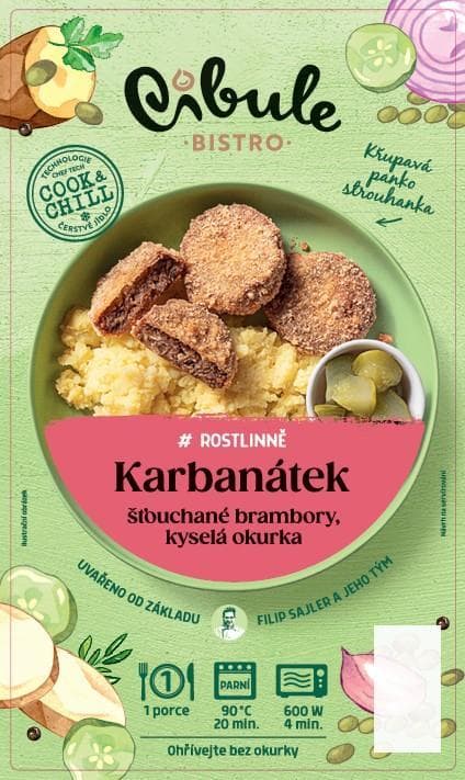 Cibule Bistro #rostlinně Karbanátek, šťouchané brambory, kyselá okurka