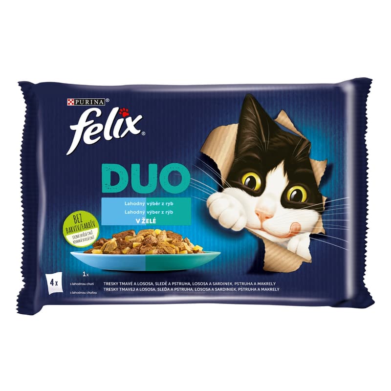 Felix Fantastic DUO kapsičky pro kočky treska a losos, losos a sardinky, sleď a pstruh, pstruh a makrela 4×85 g