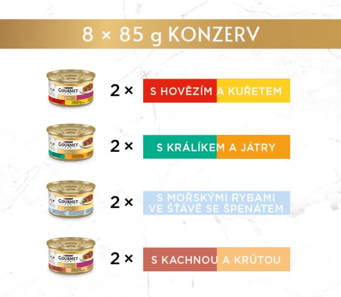 Gourmet Gold konzervy pro kočky hovězí a kuře, králík, mořské ryby, kachna a krůta 8×85 g