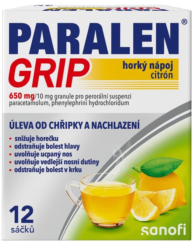 PARALEN GRIP HORKÝ NÁPOJ CITRÓN 650MG/10MG Granule pro perorální suspenzi 12