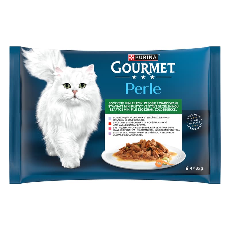 Gourmet Perle kapsičky pro kočky telecí, zvěřina, hovězí, pstruh ve šťávě 4×85 g