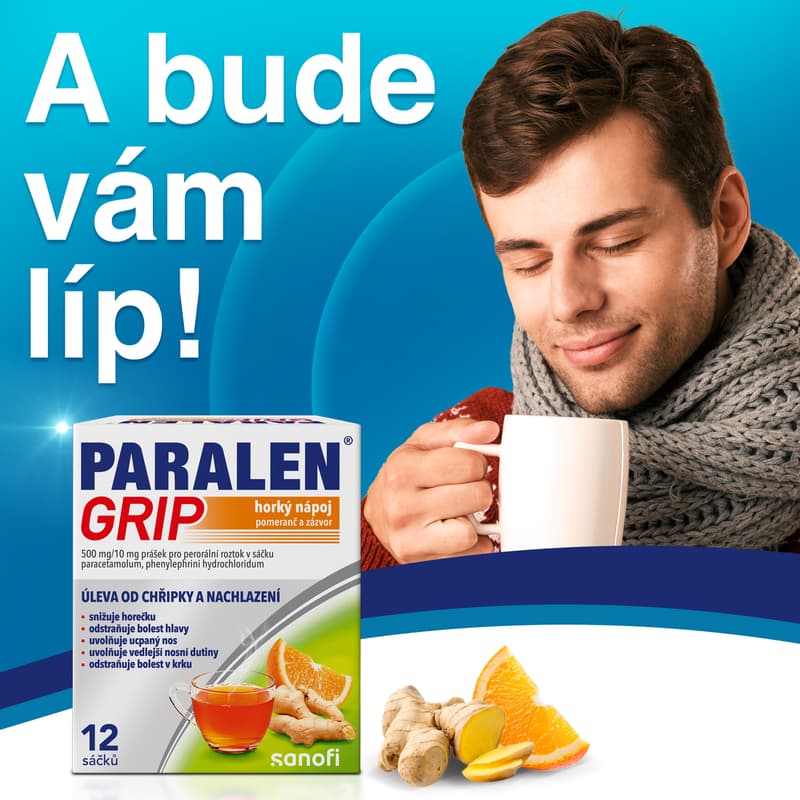 PARALEN GRIP HORKÝ NÁPOJ POMERANČ A ZÁZVOR 500MG/10MG Prášek pro perorální roztok v sáčku 12