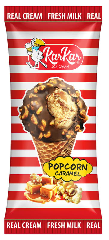 Kar Kar Zmrzlina s popcornovou příchutí s karamelem v kornoutu s kakaovou polevou