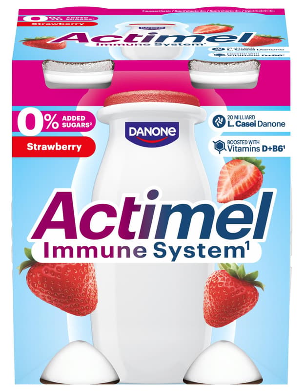 Danone Actimel probiotic yoghurt drink with no added sugar strawberry 4x100g
