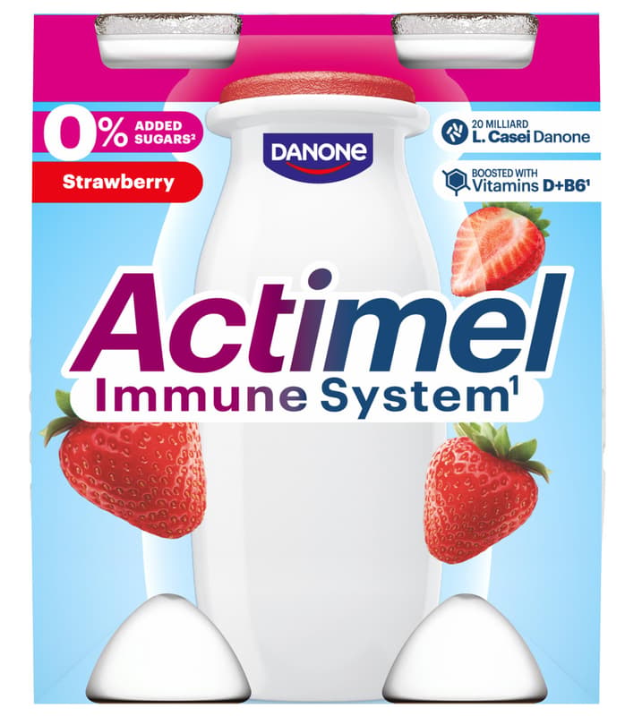 Danone Actimel probiotic yoghurt drink with no added sugar strawberry 4x100g