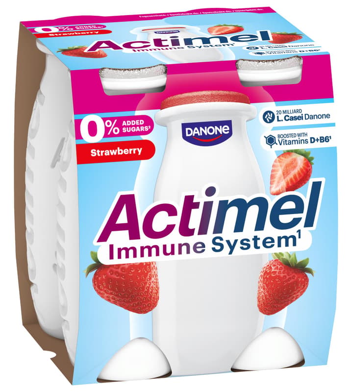 Danone Actimel probiotic yoghurt drink with no added sugar strawberry 4x100g