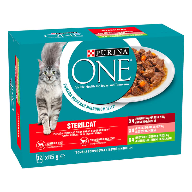Purina ONE Sterilised kapsičky pro kočky hovězí, losos, krůta ve šťávě 12×85 g