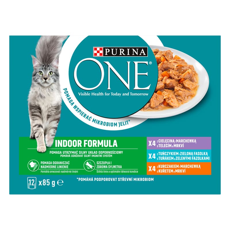Purina ONE Indoor kapsičky pro kočky kuře, tuňák, telecí ve šťávě 12×85 g