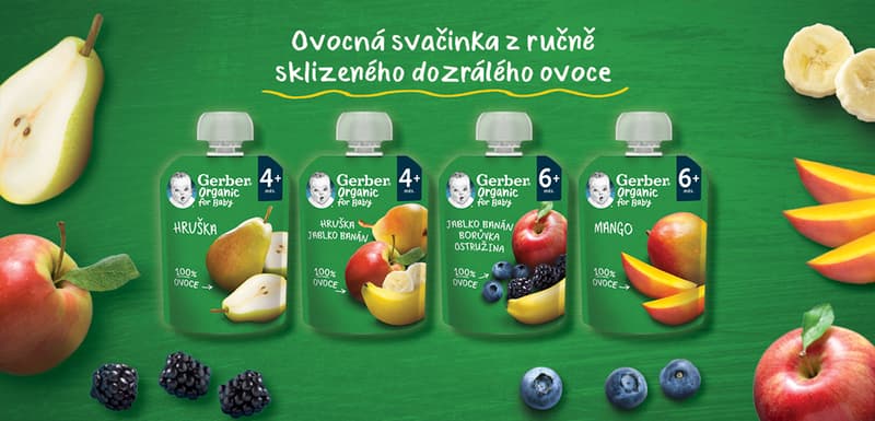 Gerber Organic BIO Kapsička jablko, banán, borůvka a ostružina