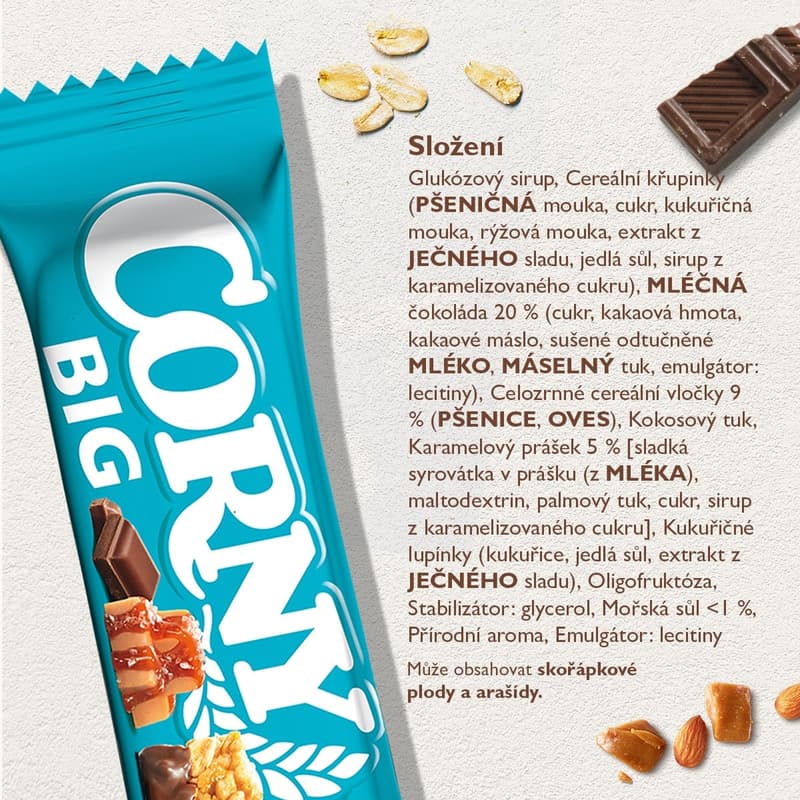 Corny BIG Cereální tyčinka se slaným karamelem, polomáčená v mléčné čokoládě