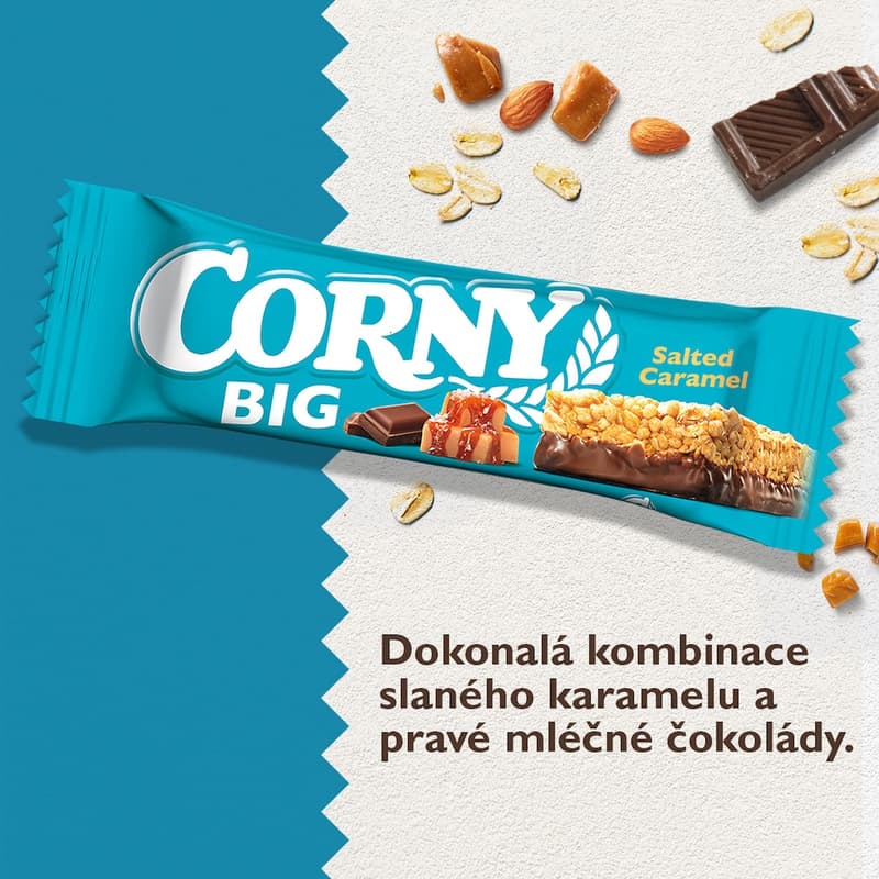 Corny BIG Cereální tyčinka se slaným karamelem, polomáčená v mléčné čokoládě