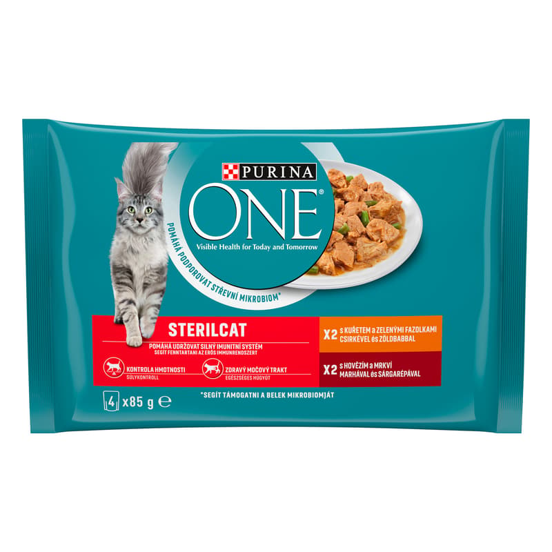 Purina ONE Sterilised kapsičky pro kočky kuře, hovězí ve šťávě 4×85 g