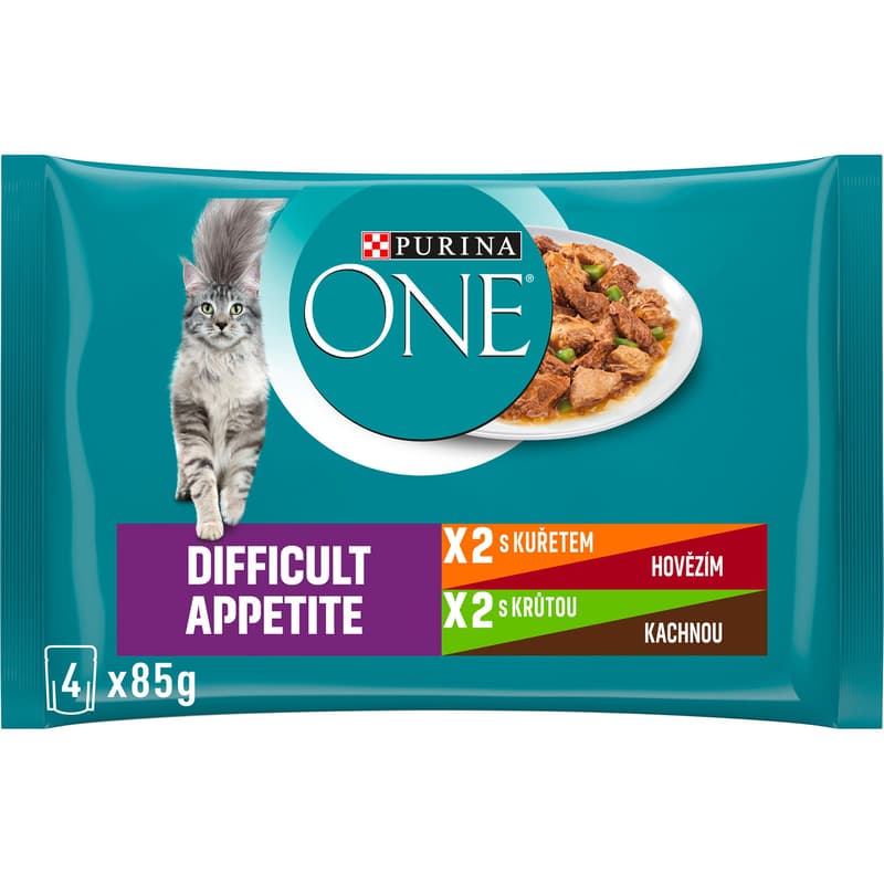 Purina ONE Difficult Appetite kapsičky pro kočky kuře, hovězí, krůta, kachna ve šťávě 4×85 g