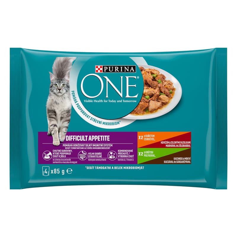 Purina ONE Difficult Appetite kapsičky pro kočky kuře, hovězí, krůta, kachna ve šťávě 4×85 g