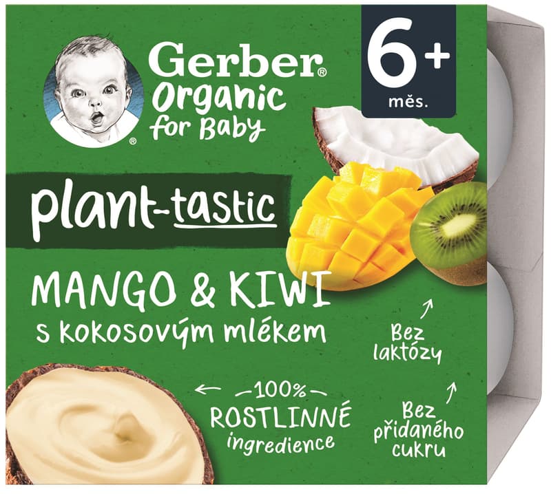 Gerber organic BIO Rostlinný dezert mango a kiwi s kokosovým mlékem 4×90 g