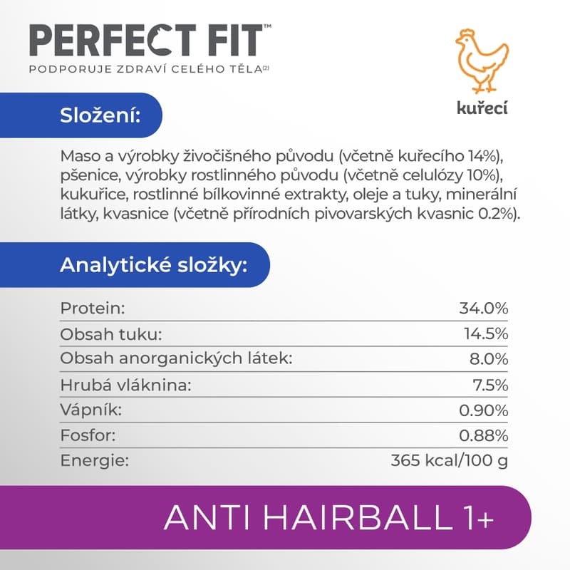 Perfect Fit Anti-Hairball granule pro dospělé kočky – bohaté na kuřecí