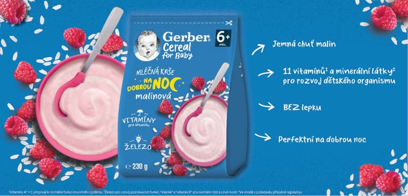 Gerber Cereal Mléčná kaše malinová Dobrou noc