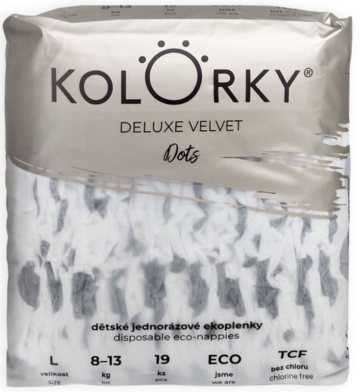 Kolorky EKO Jednorázové plenky deluxe velvet L puntíky (8–13 kg) 19 ks