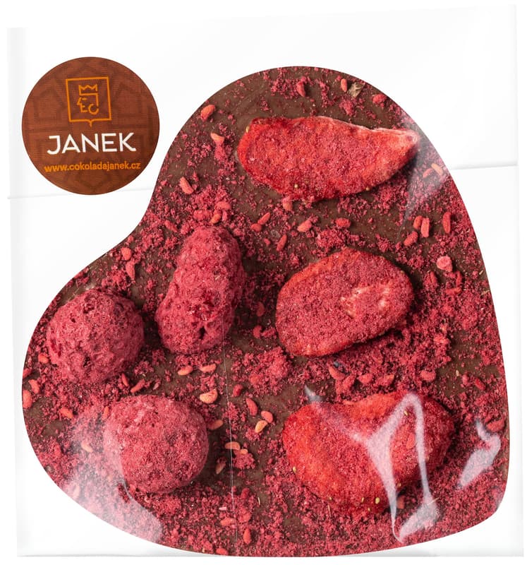Čokoládovna Janek Velké srdíčko z mléčné čokolády s lyofilizovanými jahodami a malinami