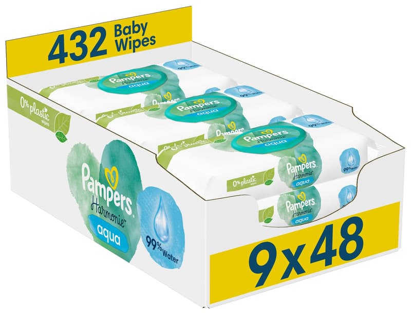 Pampers Harmonie Aqua vhlčené ubrousky plastic free 9×48 ks