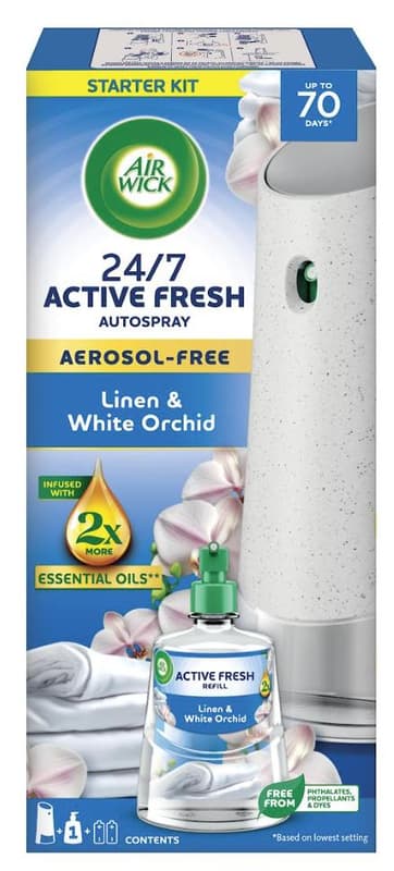 Air Wick Active Fresh automatický difuzér a náplň na vodní bázi – prádlo a bílá orchidej