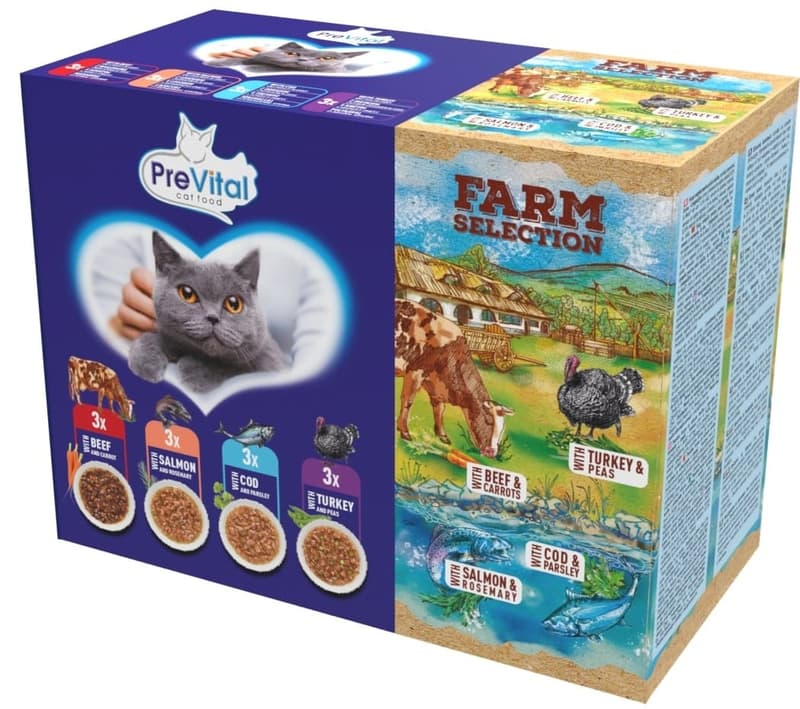 PreVital Farm Selection Kapsičky pro kočky s hovězím a mrkví / lososem a rozmarýnem / krůtím a hráškem / treskou a petrželí v omáčce 12×85 g