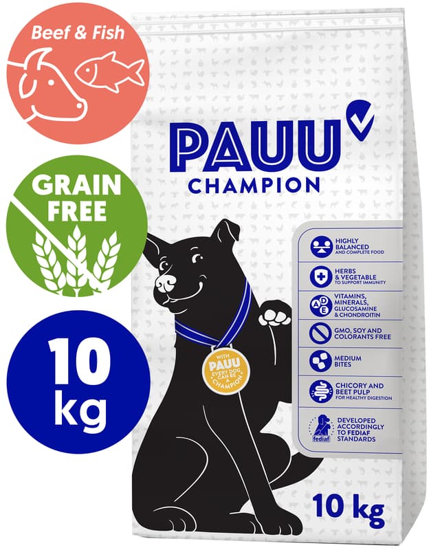 Pauu Champion Bezobilné granule s čerstvým kaprem, lososem a hovězím pro psy