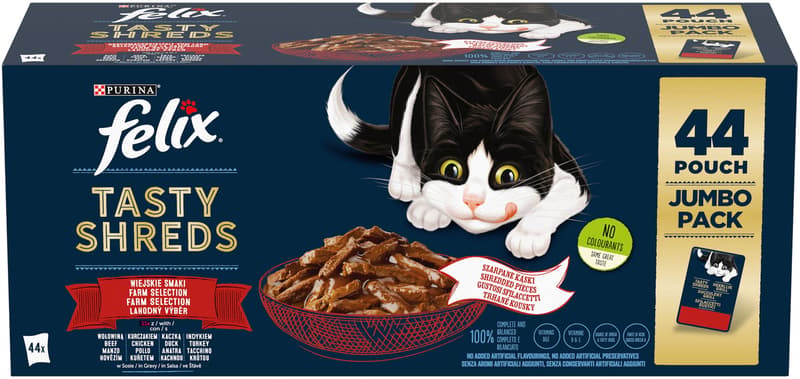 Felix Tasty Shreds kapsičky pro kočky hovězí, kuře, kachna, krůta ve šťávě 44×80 g