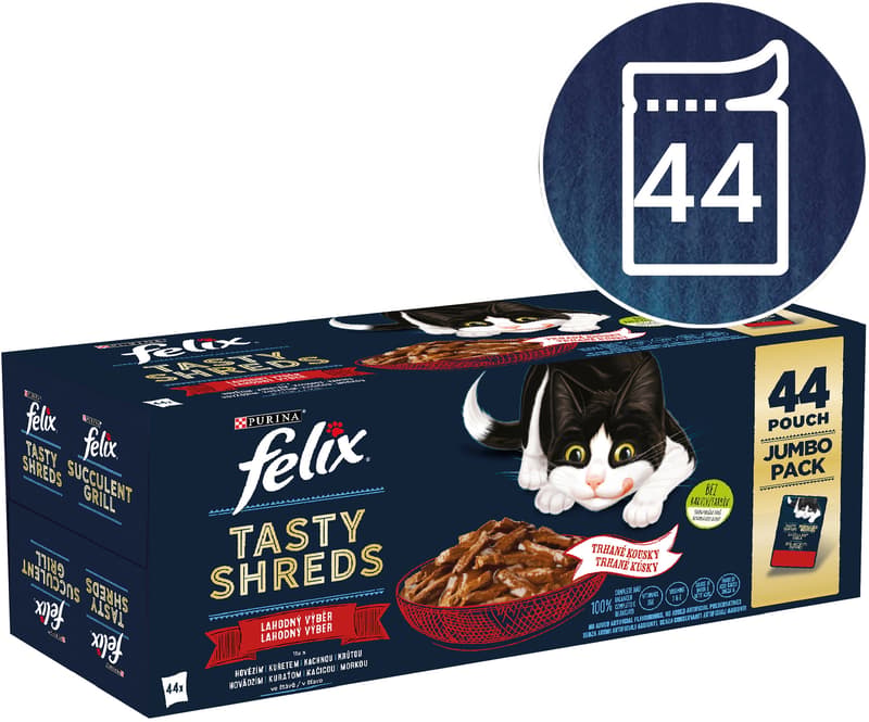 Felix Tasty Shreds kapsičky pro kočky hovězí, kuře, kachna, krůta ve šťávě 44×80 g