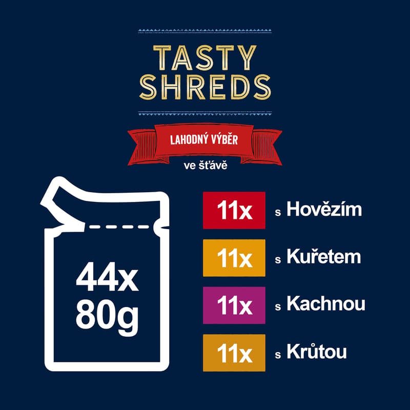 Felix Tasty Shreds kapsičky pro kočky hovězí, kuře, kachna, krůta ve šťávě 44×80 g