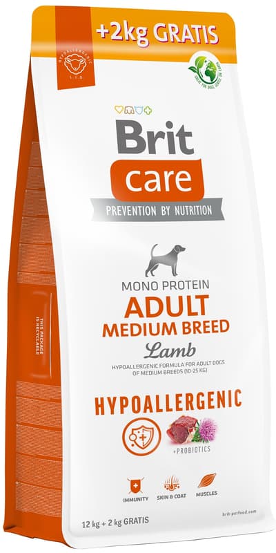 Brit Care Hypoallergenic Adult Medium Breed Lamb pro psy 12+2 kg gratis