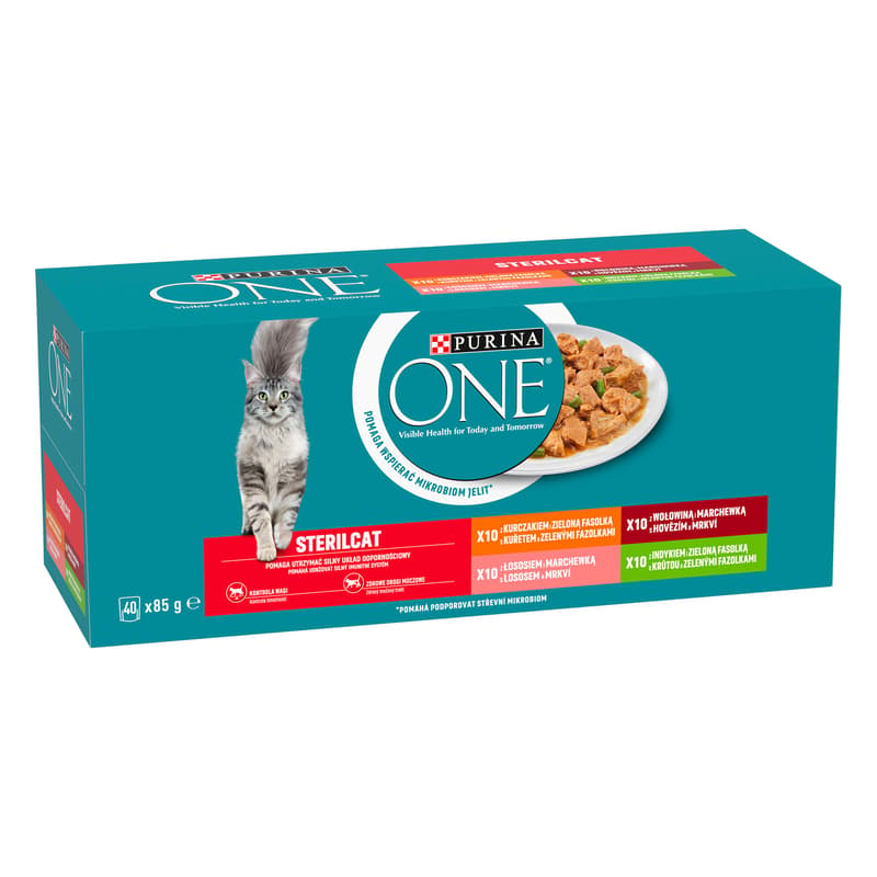 Purina ONE Sterilised kapsičky pro kočky hovězí, kuře, losos, krůta ve šťávě 40×85 g