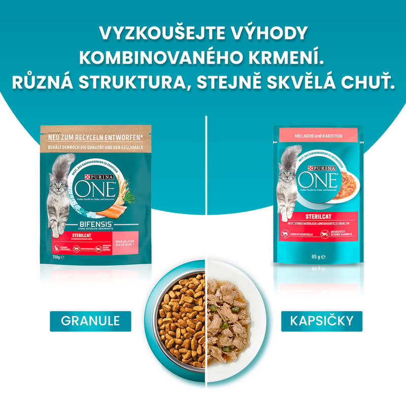 Purina ONE Sterilised kapsičky pro kočky hovězí, kuře, losos, krůta ve šťávě 40×85 g
