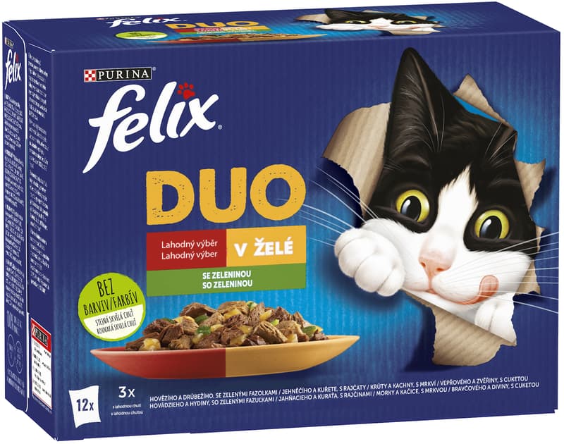 Felix Fantastic DUO kapsičky pro kočky hovězí a drůbeží, jehněčí a kuře, krůta a kachna, vepřové a zvěřina 12×85 g