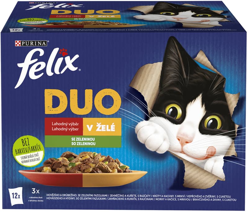 Felix Fantastic DUO kapsičky pro kočky hovězí a drůbeží, jehněčí a kuře, krůta a kachna, vepřové a zvěřina 12×85 g