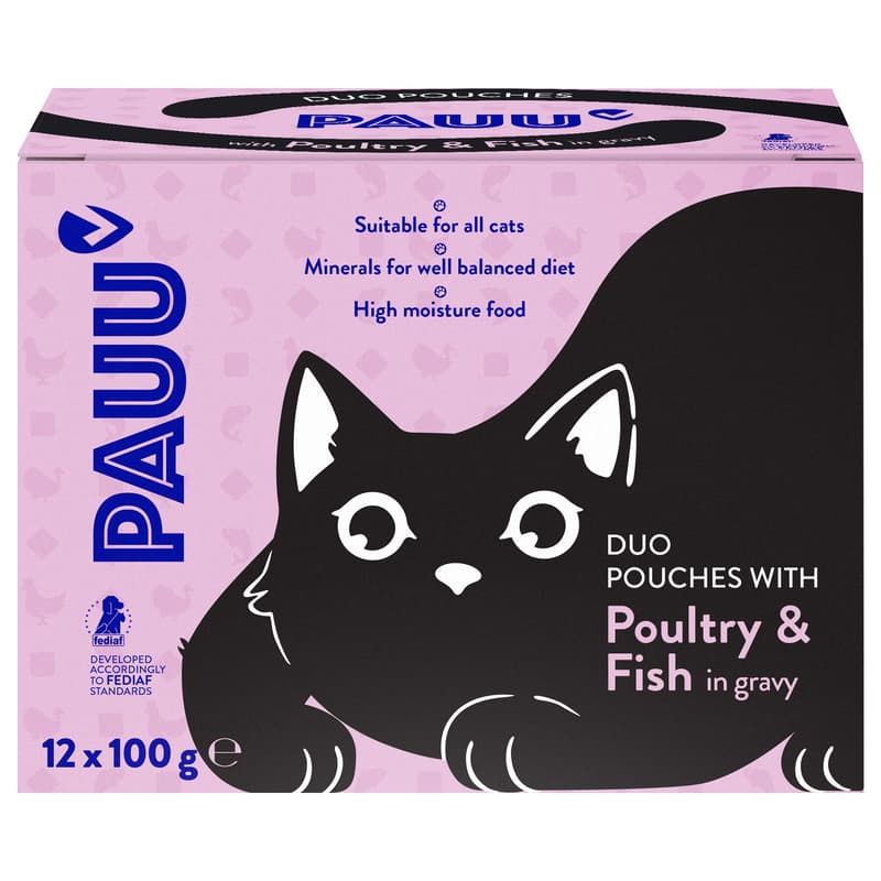 Pauu cat pouches with poultry and fish in sauce