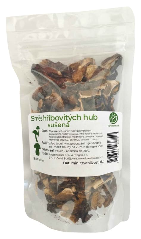 A mixture of dried porcini mushrooms, packaging