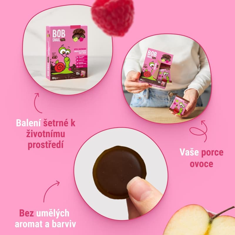 Šnek Bob Ovocná pochoutka v čokoládě jablko a malina