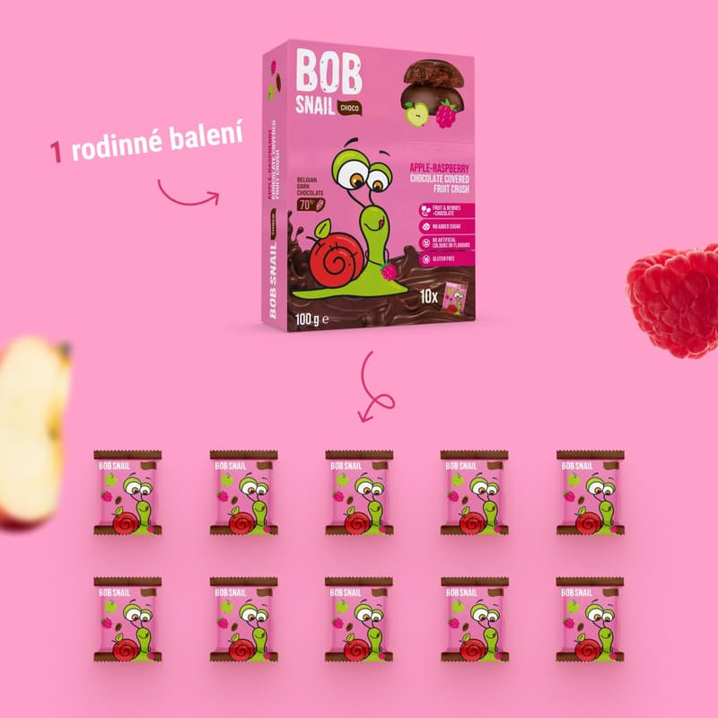 Šnek Bob Ovocná pochoutka v čokoládě jablko a malina