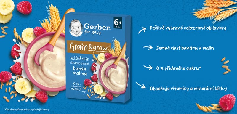 Gerber Mléčná pšenično-ovesná kaše banán a malina