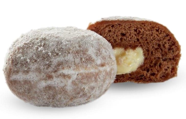 Cocoa-flavored donut with white chocolate