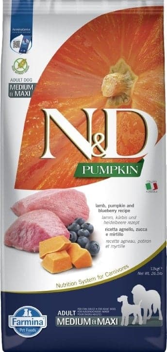 N&D Pumpkin granule pro štěňata střednich a velkých plemen s jehněčím, dýní a borůvkami