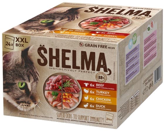 Shelma Dušené filetky pro kočky bezobilné (24×85 g)