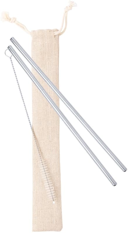 Rystol Set of 2 reusable stainless steel drinking straws and a cleaning brush in cotton packaging.