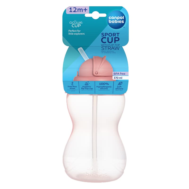 Canpol babies Láhev sportovní se slámkou 370 ml, růžová