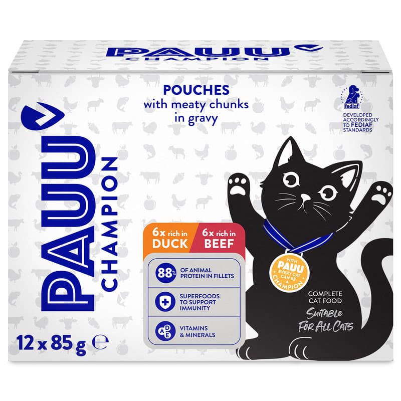 Pauu Champion Bezobilné kapsičky s hovězím a kachním pro kočky (12×85 g)
