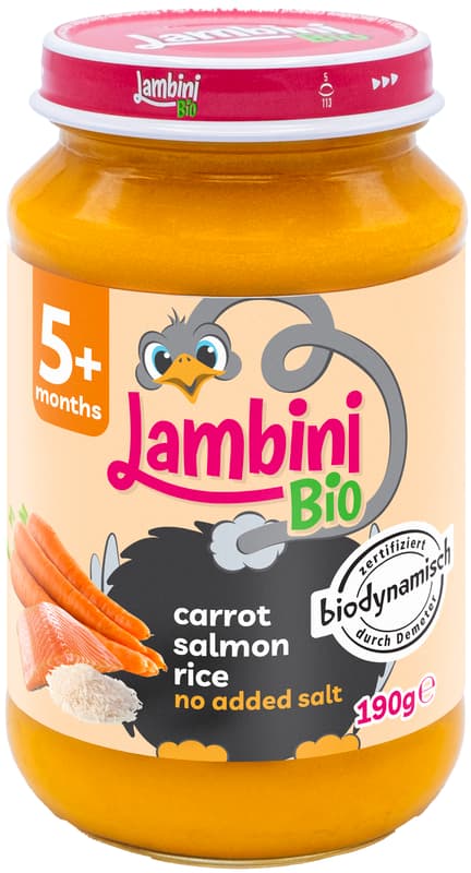 Lambini BIO Demeter side dish carrot, rice and salmon