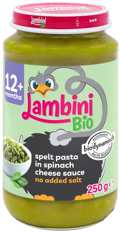 Lambini BIO Demeter side dish of spelled pasta with spinach-cheese sauce